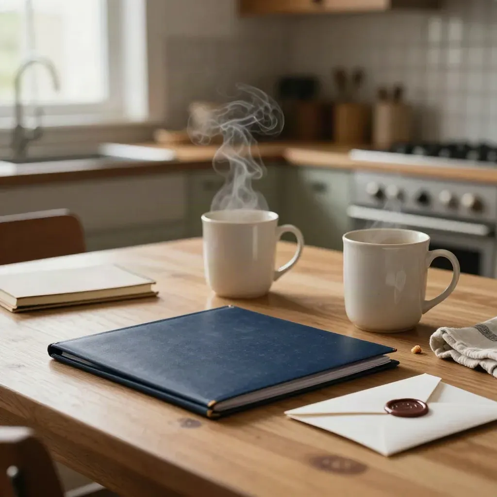 Kitchen table after dinner with mugs, a closed advice folder, notebook and sealed envelope