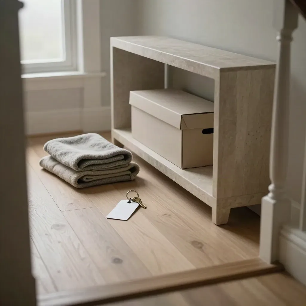 Keys, blanket, and moving box by a hallway console in foggy dawn light.