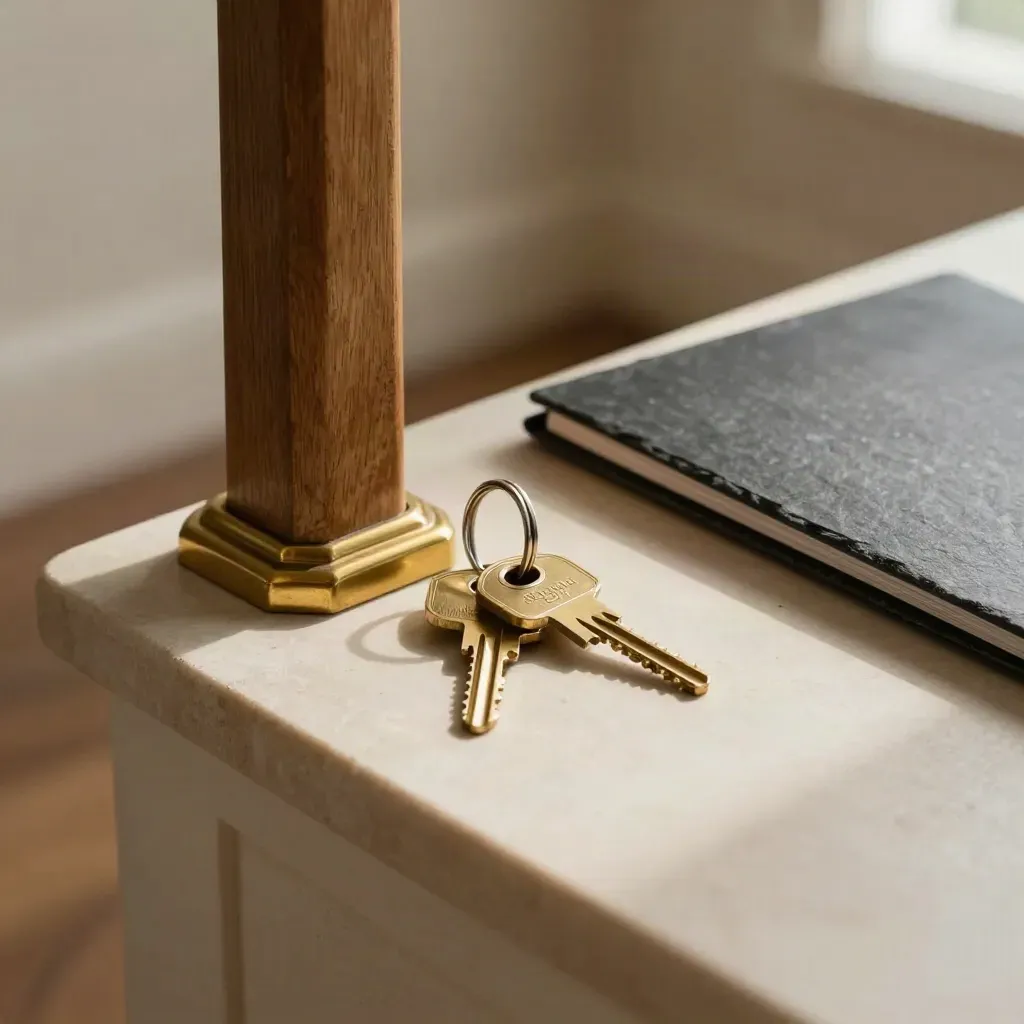 Top-down hallway keys, brass doorstop and closed property folder on pale stone in soft daylight